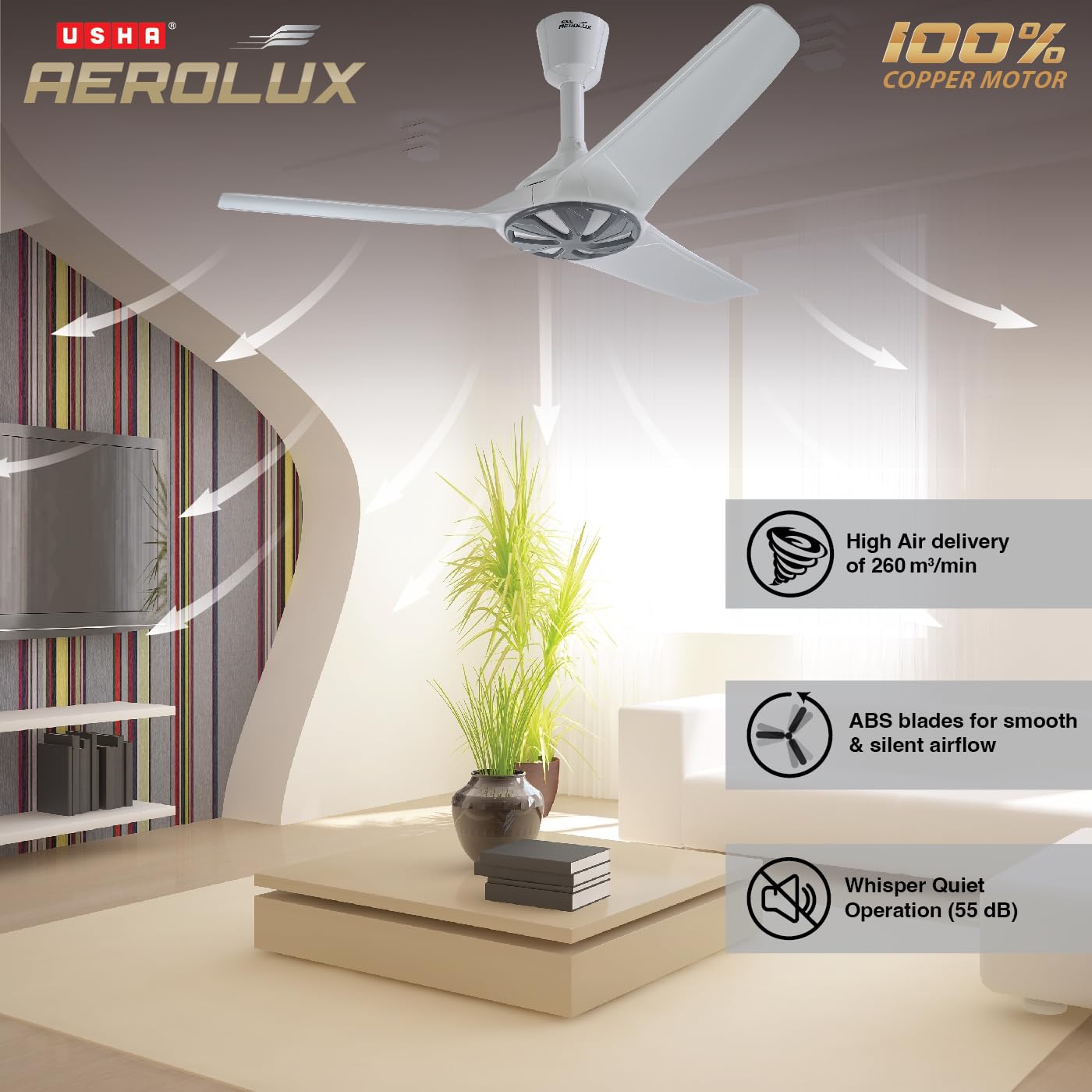 USHA Aerolux EX5 1320 mm Premium Design, Silent Ceiling Fan with ABS Blades (Galaxy White)
