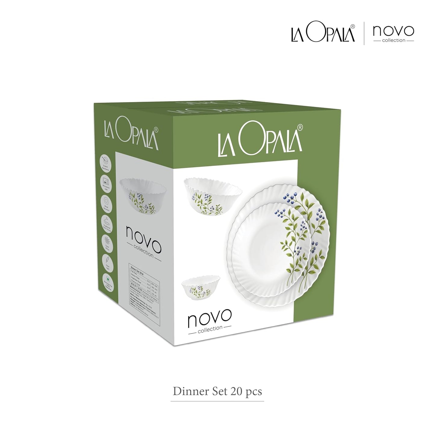 La Opala Novo Collection Opal Glass Crockery | for Family of 6 | Dinner Set 20 pcs Petite Roses | Plates & Bowls for Dining | Microwave Safe | 100% Vegetarian | Extra Strong | Light & White