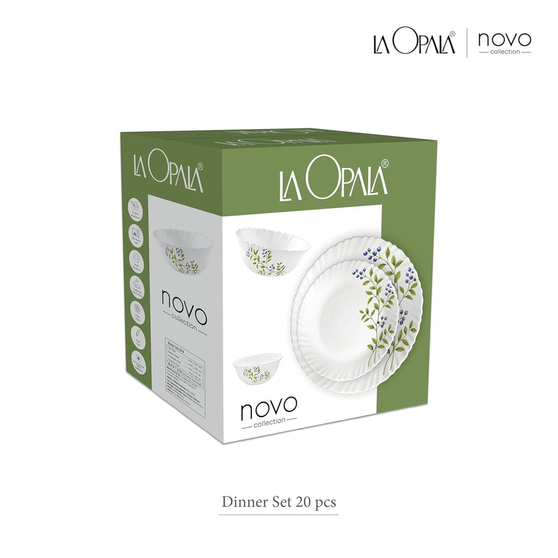 La Opala Novo Collection Opal Glass Crockery | for Family of 6 | Dinner Set 20 pcs Lush Greens | Plates & Bowls for Dining | Microwave Safe | 100% Vegetarian | Extra Strong | Light & White
