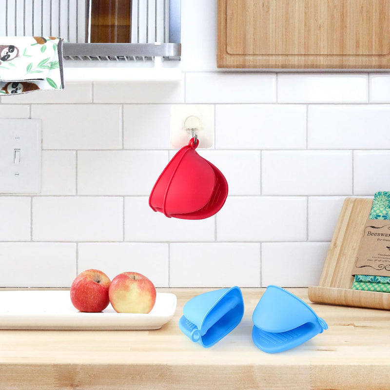 2 Pairs Mini Oven Gloves, Silicone Oven Mitts Heat Resistant, Silicone Potholders Cooking Pinch for Kitchen Cooking & Baking (Red and Blue)