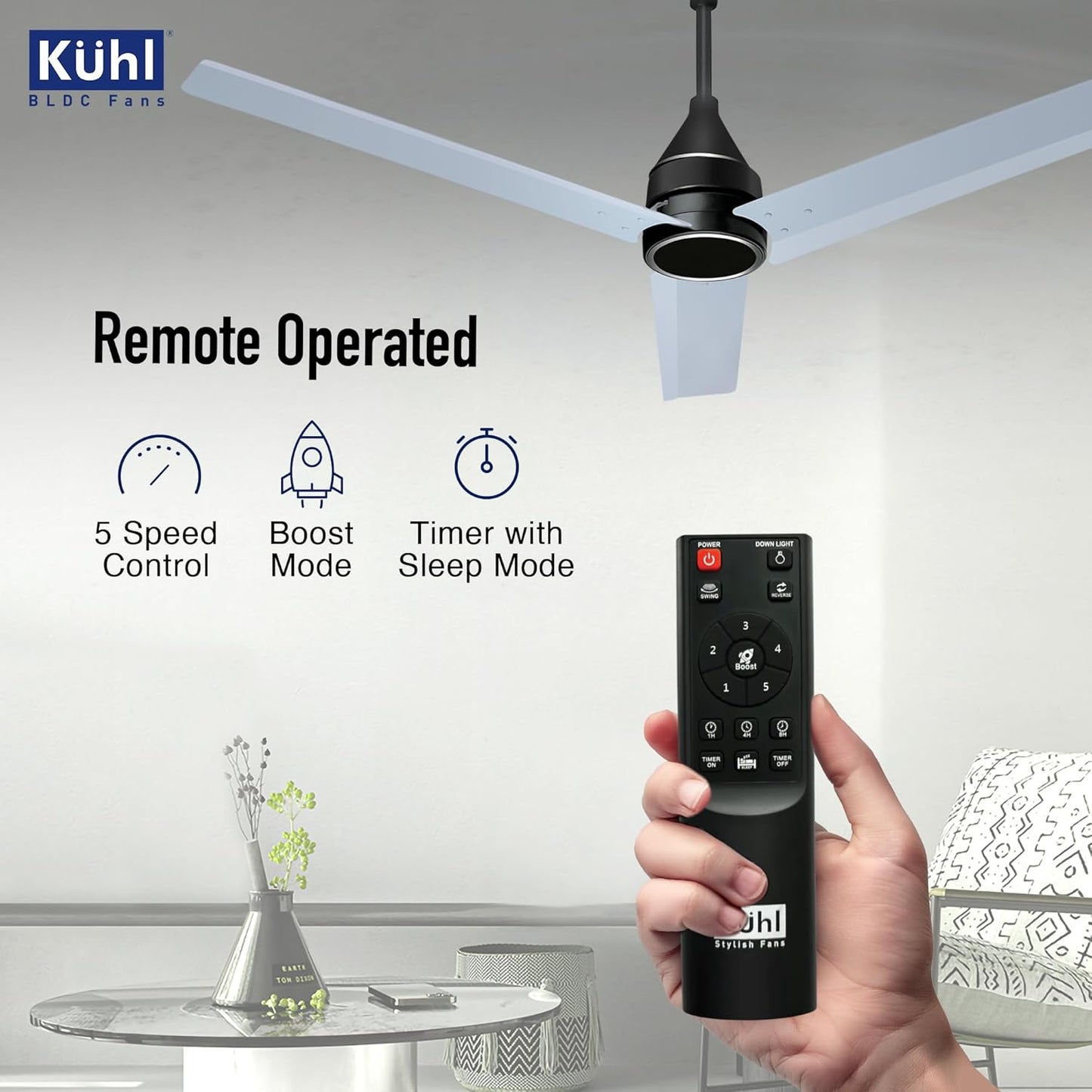 KUHL Arctis A4 1200 mm BLDC 65% Power Saving BLDC Ceiling Fan With Remote | BEE 5 Star Rated & ISI Marked | High Air Flow | 5 Year Warranty on Motor | Silver Mist