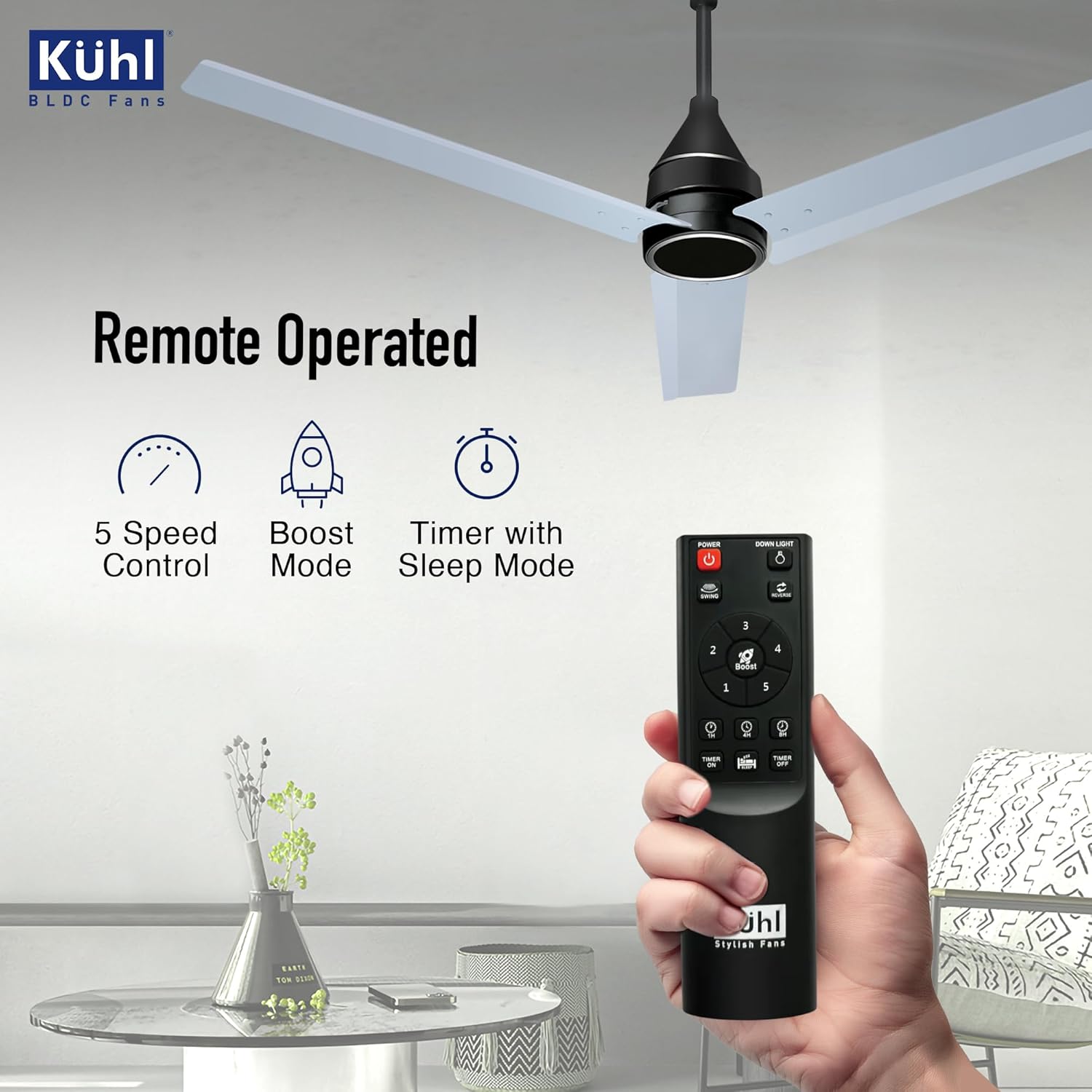KUHL Arctis A4 1200 mm BLDC 65% Power Saving BLDC Ceiling Fan With Remote | BEE 5 Star Rated & ISI Marked | High Air Flow | 5 Year Warranty on Motor | Silver Mist
