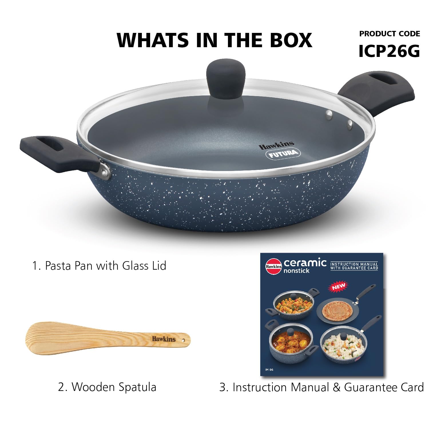 Hawkins Nonstick Induction Pasta Pan, 26 cm Diameter, Granite Fry Pan, Blue (ICP26G)