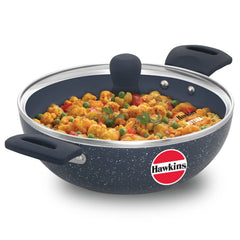 Hawkins Ceramic Nonstick 2.5 Litre Deep Kadhai, Induction Deep Fry Pan with Glass Lid, Granite Kadai (ICK25G)
