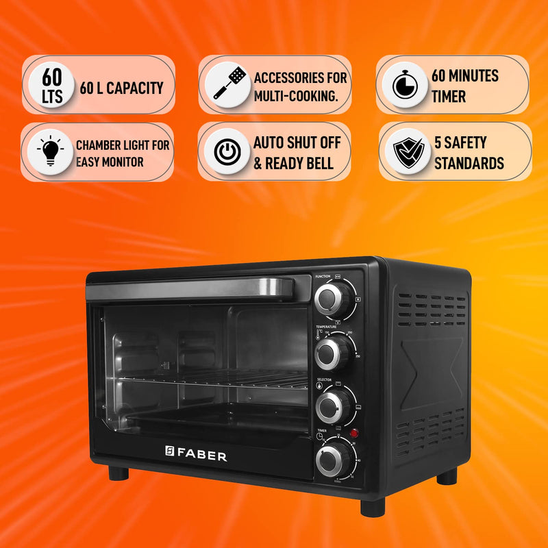 Faber 60L 2200W OTG | Bake, Toast, Roast, Grill | 4 Heating Functions, Upper & Lower Heating, Rottisserie, 360° Convection| Indicator Light, Auto Shut-Off, Ready Bell | Removable Crumb Tray | (Black)