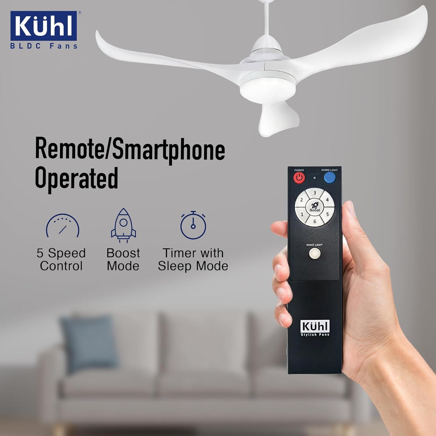 KUHL Glanz F3 1320MM 65% Power Saving BLDC Ceiling Fan | BEE 5 Star Rated & ISI Marked | High Air Flow | 5Year Warranty on Motor By Brand | Free Installation | IoT Operate via Mobile & Alexa | White