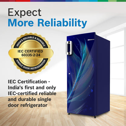 BOSCH 207 L, 4 Star Single Door Refrigerator with Industry's largest vegetable box* & Beverage space (CST20B34NI, Feather Blue| 18 Hr Cooling Retention, 2.5x Faster Cooling, Smart inverter compressor