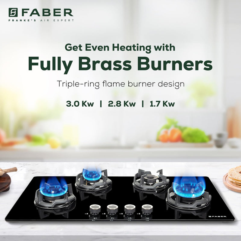 Faber 90Cm 4 Burner HOB|Auto Ignition|Built-In Or Hobtop|Flame Failure Device|Cast Iron Pan Support|Glass Matt Finish|Me