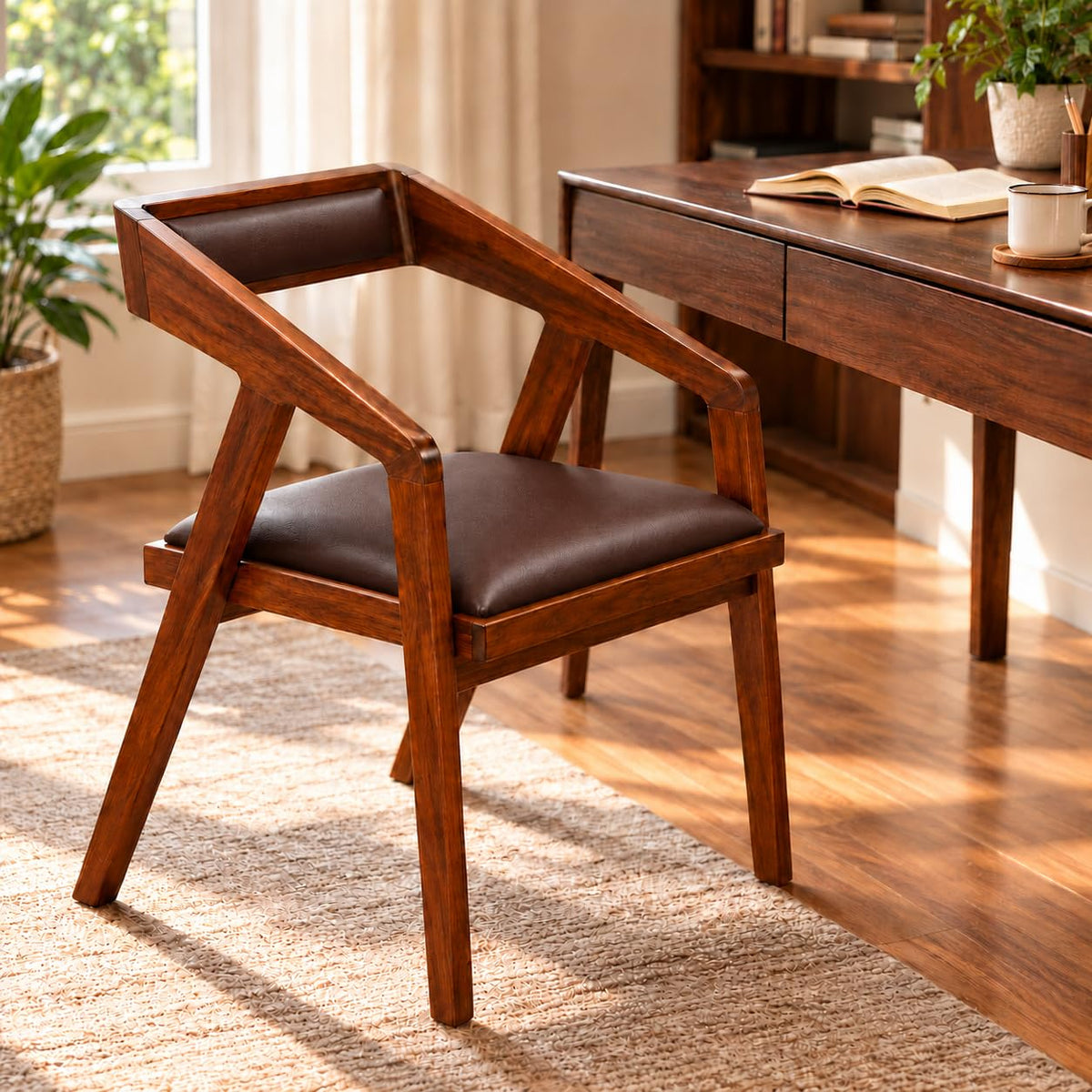 Solid Sheesham Wood Cafe Arm Chair, Walnut + Chocolate Upholstered Seat, Modern Wooden Accent Chair, Set of 2 (