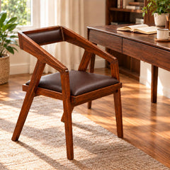 Solid Sheesham Wood Cafe Arm Chair, Walnut + Chocolate Upholstered Seat, Modern Wooden Accent Chair, Set of 2 (