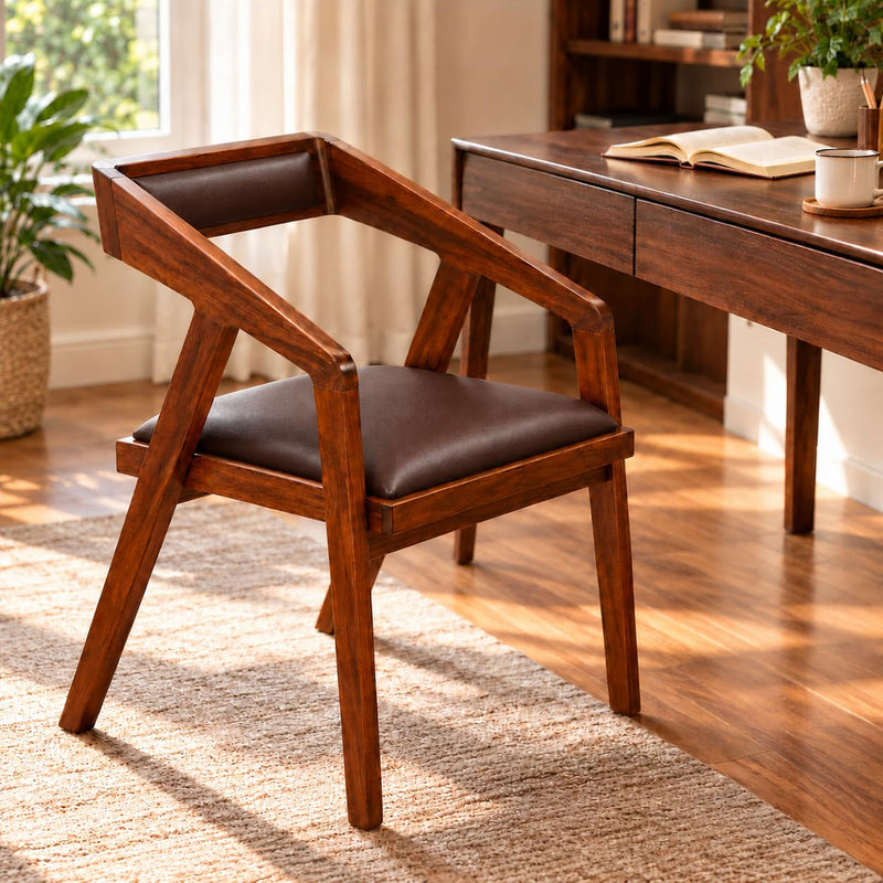 Solid Sheesham Wood Cafe Arm Chair, Walnut + Chocolate Upholstered Seat, Modern Wooden Accent Chair, Set of 2 (