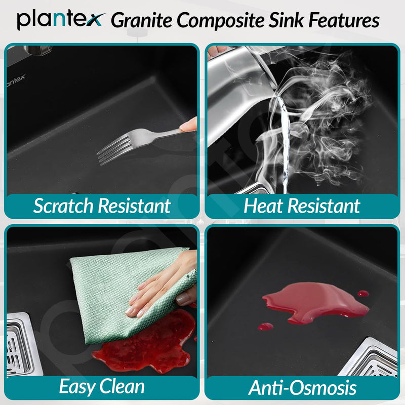 Plantex Quartz Sink for Kitchen/UV Protected Black Kitchen Sink/Granite Single Bowl Sinks/Undermount/Topmount (Black-24x18 Inches)-3