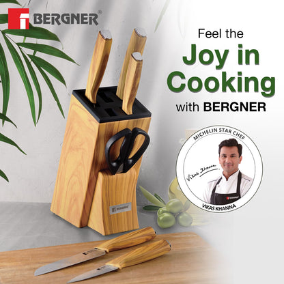 BERGNER Olive Garden Stainless Steel 7 Pcs Knife Set, Kitchen Knife Set of Chef Knife, Santoku Knife, Carving Knife, Utility Knife, Paring Knife, Scissor with Wooden Block, Durable, Soft Touch Handle