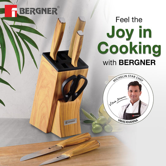 BERGNER Olive Garden Stainless Steel 7 Pcs Knife Set, Kitchen Knife Set of Chef Knife, Santoku Knife, Carving Knife, Utility Knife, Paring Knife, Scissor with Wooden Block, Durable, Soft Touch Handle