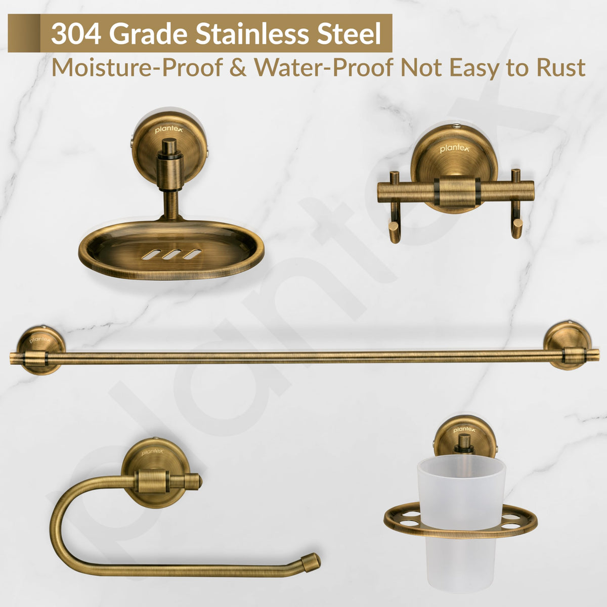 Plantex 304 Grade Stainless Steel Bathroom Accessories Set of 5 - Towel Rod/Hand Napkin Hanger for Wash Basin/Soap Case/Toothbrush Holder/Robe Hook - Niko (Brass Antique)-4