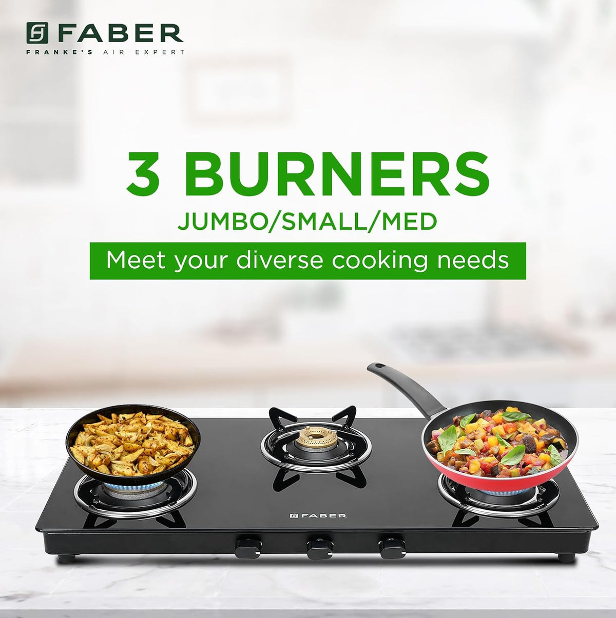 Faber 3 Burner 77cm Cooktop | Black Glass Top | 3 Brass Burners (1 Jumbo + 1 Medium + 1 Small) | SS Drip Tray | Powder C
