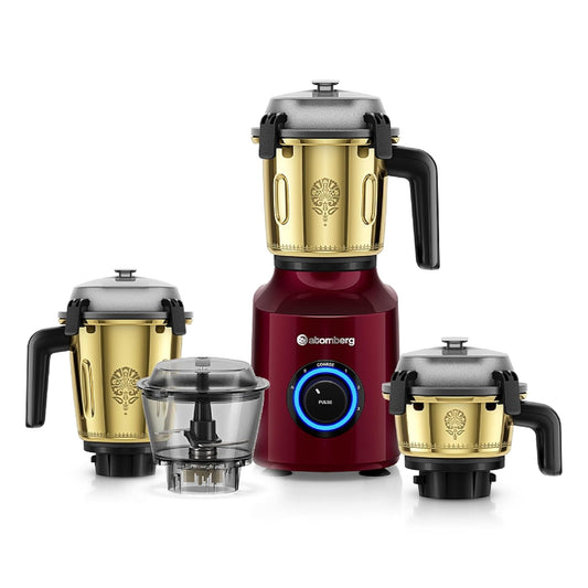Atomberg Zenova Special Edition Mixer Grinder | Unique Coarse Mode for Silbatta-like Texture | BLDC Motor | Safety Features | 4 Jars including Chopper | Hands-Free Operation | Heritage Brass-Red Wine