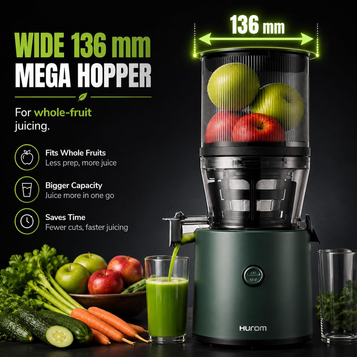 Hurom H320 Cold Press Juicer | Ultra Low Pulp | Slow Juicer | Hopper Fits Whole Produce | Ultra Quiet Motor | Easy Assembly | Cold Press Masticating Juicer, 15 Years Warranty (Green with Strainer)