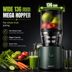 Hurom H320 Cold Press Juicer | Ultra Low Pulp | Slow Juicer | Hopper Fits Whole Produce | Ultra Quiet Motor | Easy Assembly | Cold Press Masticating Juicer, 15 Years Warranty (Green with Strainer)