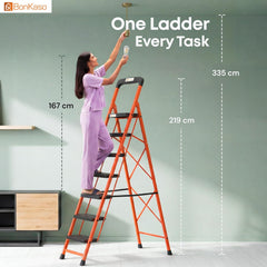 BonKaso climb easy 7 Step Foldable Steel Kitchen Ladder for Home,Office & Outdoor Use with Safety Clutch Lock,Anti-Slip Wide Steps,Support Handle & Tool Tray, Load Capacity Upto 120kg (Orange & Black)