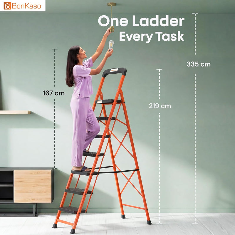 BonKaso climb easy 7 Step Foldable Steel Kitchen Ladder for Home,Office & Outdoor Use with Safety Clutch Lock,Anti-Slip Wide Steps,Support Handle & Tool Tray, Load Capacity Upto 120kg (Orange & Black)
