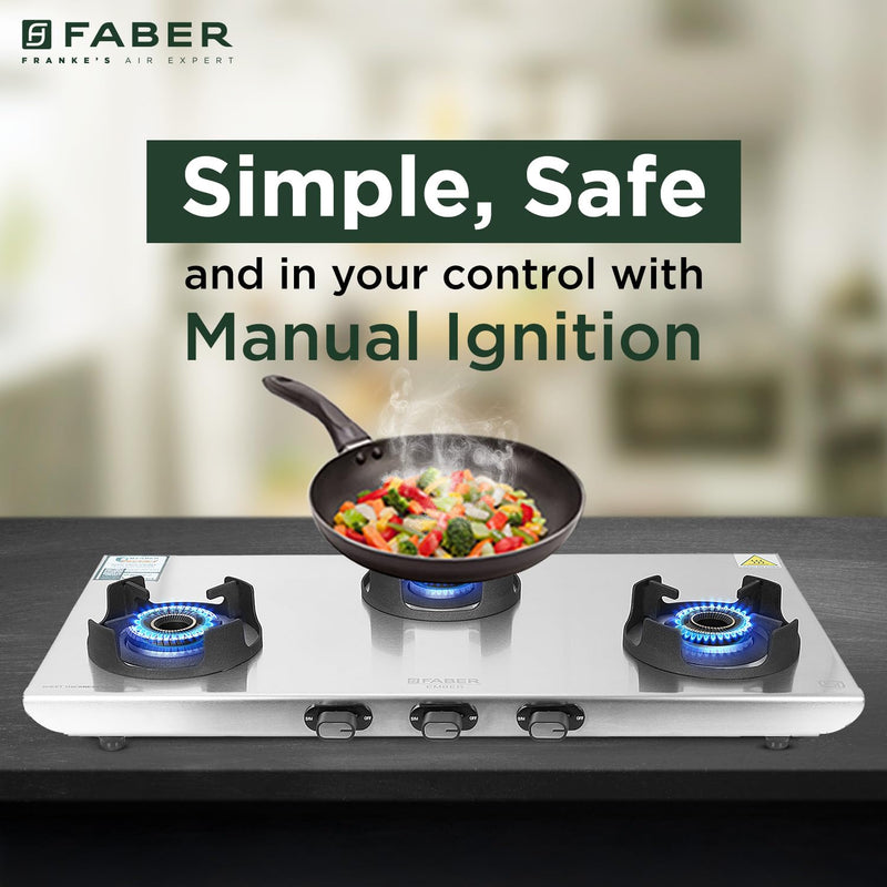 Faber Ember Stainless Steel Cooktop | 3 Brass Burners (Jumbo, Medium & Small |Manual Ignition | Diamond-Coated Pan Suppo