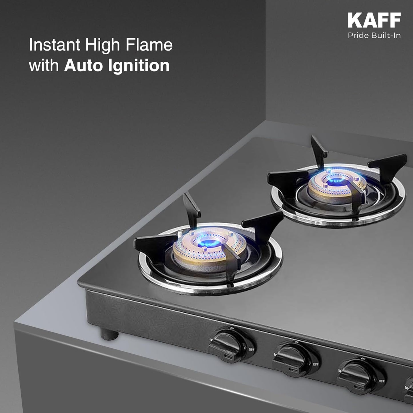 KAFF CTC 69 4B AI Gas Stove/Cooktop 4 Burners with Auto Electric Ignition 69 CM, High Efficiency Brass Burners, Black Tempered Glass, Enamelled Pan Support (Black)
