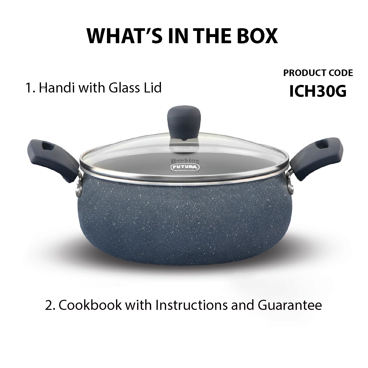 Hawkins Ceramic Nonstick Handi with Glass Lid, 3 Litre, Induction Biryani Pot, Granite Casserole (ICH30G)