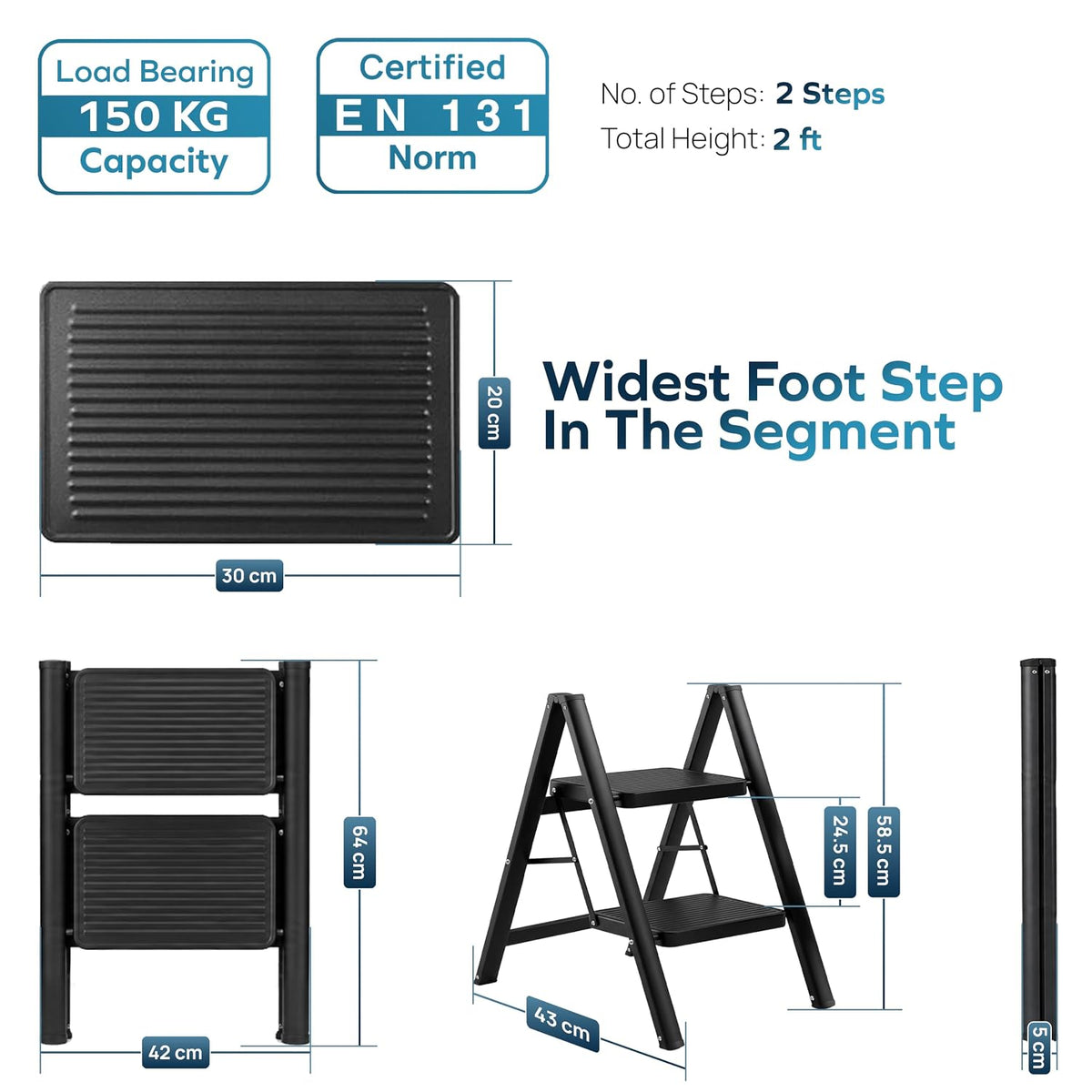 Corvids 2-Step Heavy-Duty Carbon Steel Step Stool, 2-Year Warranty, Anti-Slip Wide Steps, Portable Multipurpose Folding Step Ladder for Home, Kitchen & Office Use (Black)