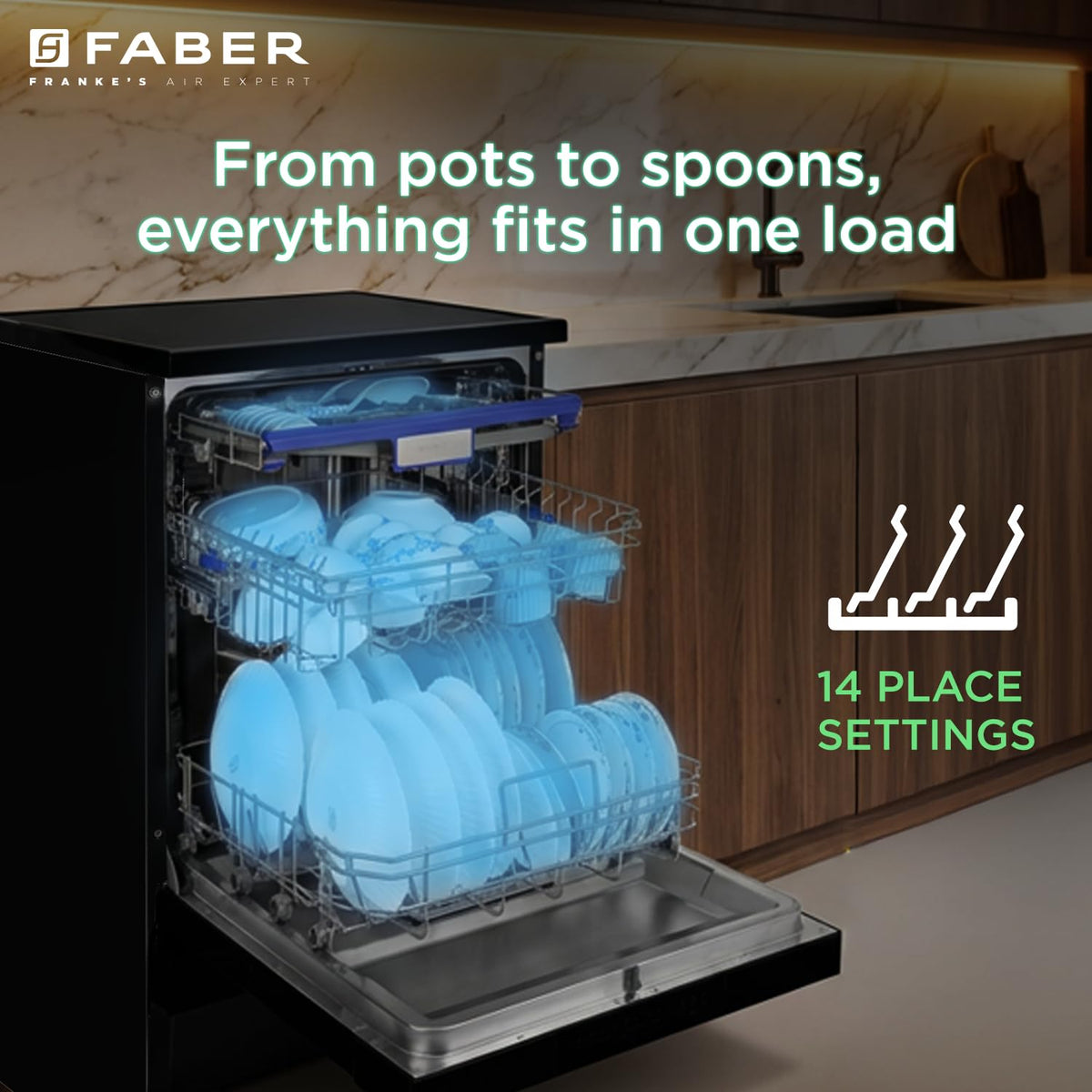 Faber 14 Place Free Standing Dishwasher|8 Wash Programs| LED Display| Adjustable Racks | Auto Power Wash| Child Lock | 2