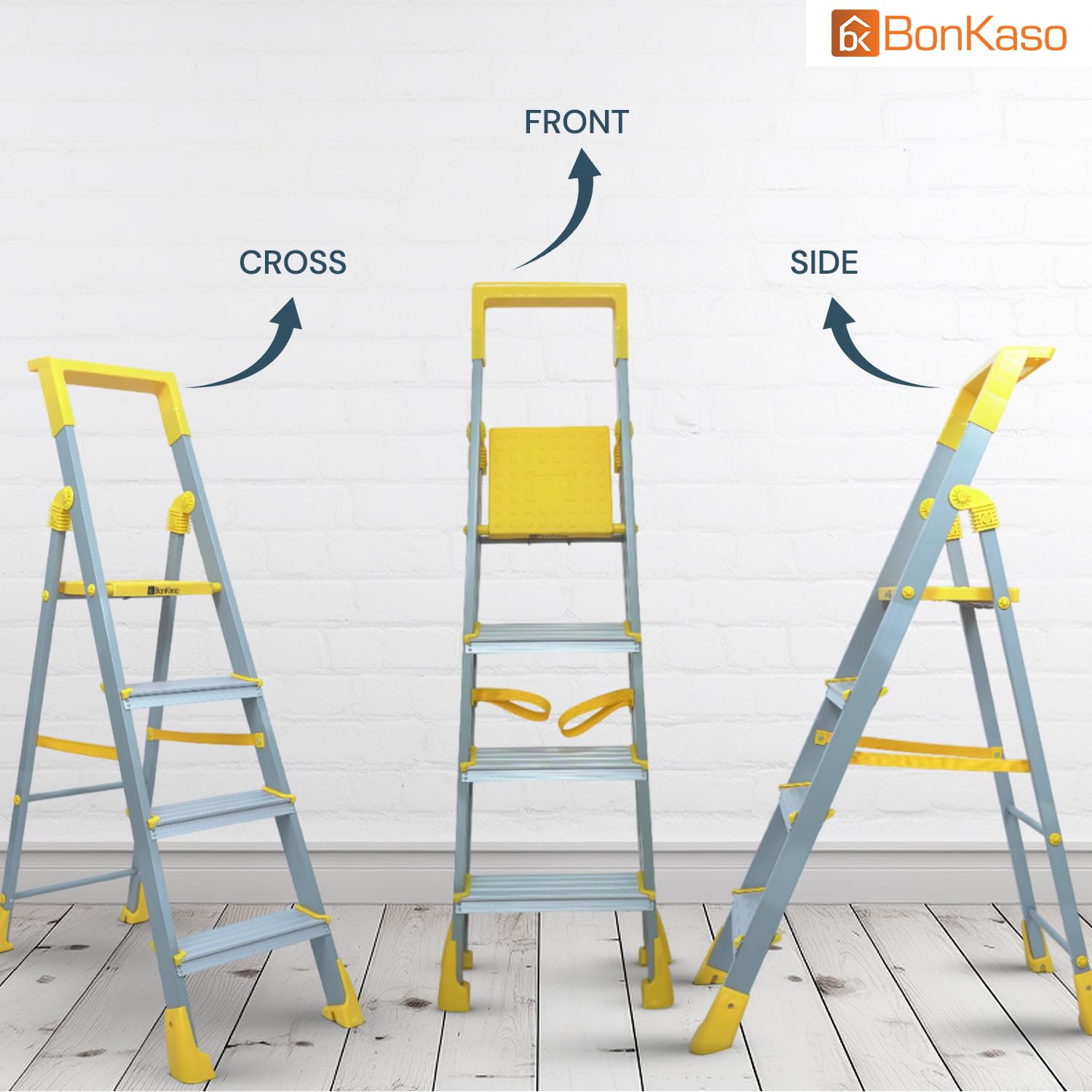 BonKaso Climb Lite Pro+ 4 Step Foldable Ladder with Tool Tray (89.8W x 137H Cm)| Heavy-Duty, Anti-Slip & Firm Grip, Load Capacity Upto 120kg | Durable & Portable (Aluminium Step, Yellow & Satin)