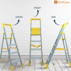 BonKaso Climb Lite Pro+ 4 Step Foldable Ladder with Tool Tray (89.8W x 137H Cm)| Heavy-Duty, Anti-Slip & Firm Grip, Load Capacity Upto 120kg | Durable & Portable (Aluminium Step, Yellow & Satin)