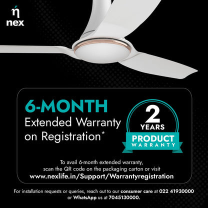 NNEX Dryft A90 1200 mm | BEE star Rated Premium Ceiling Fan | 20% Higher Air Thrust* | Airfluence™ ABS Blades For Low Noise | Adjustable Downrod | 2-Yr Warranty | Free Installation | Classic White
