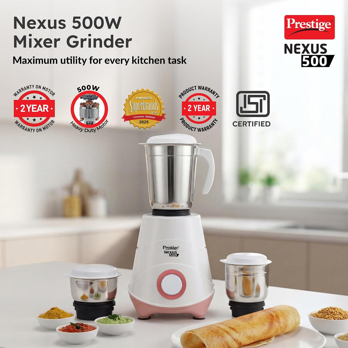 Prestige 500W Nexus Mixer Grinder with 3 Stainless Steel jars|1200ml Wet Jar,800ml dry jar, 400ml chutney jar|3 Super-efficient Blades|3 motor setting|Sturdy Handles |2 Yrs Warranty|White & Rose Gold