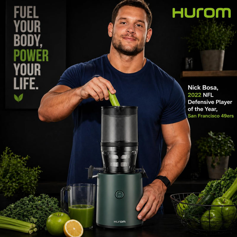 Hurom H320 Cold Press Juicer | Ultra Low Pulp | Slow Juicer | Hopper Fits Whole Produce | Ultra Quiet Motor | Easy Assembly | Cold Press Masticating Juicer, 15 Years Warranty (Green with Strainer)