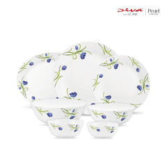 Diva by La Opala, Pearl Collection, Opal Glass Dinner Set 28 pcs, Turquoise Trims, White