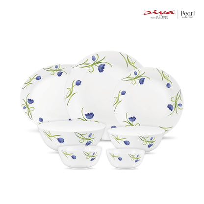 Diva by La Opala, Pearl Collection, Opal Glass Dinner Set 28 pcs, Turquoise Trims, White