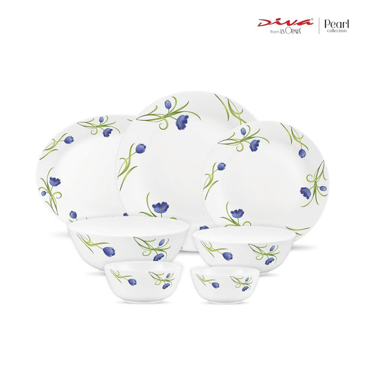 Diva by La Opala, Pearl Collection, Opal Glass Dinner Set 28 pcs, Turquoise Trims, White