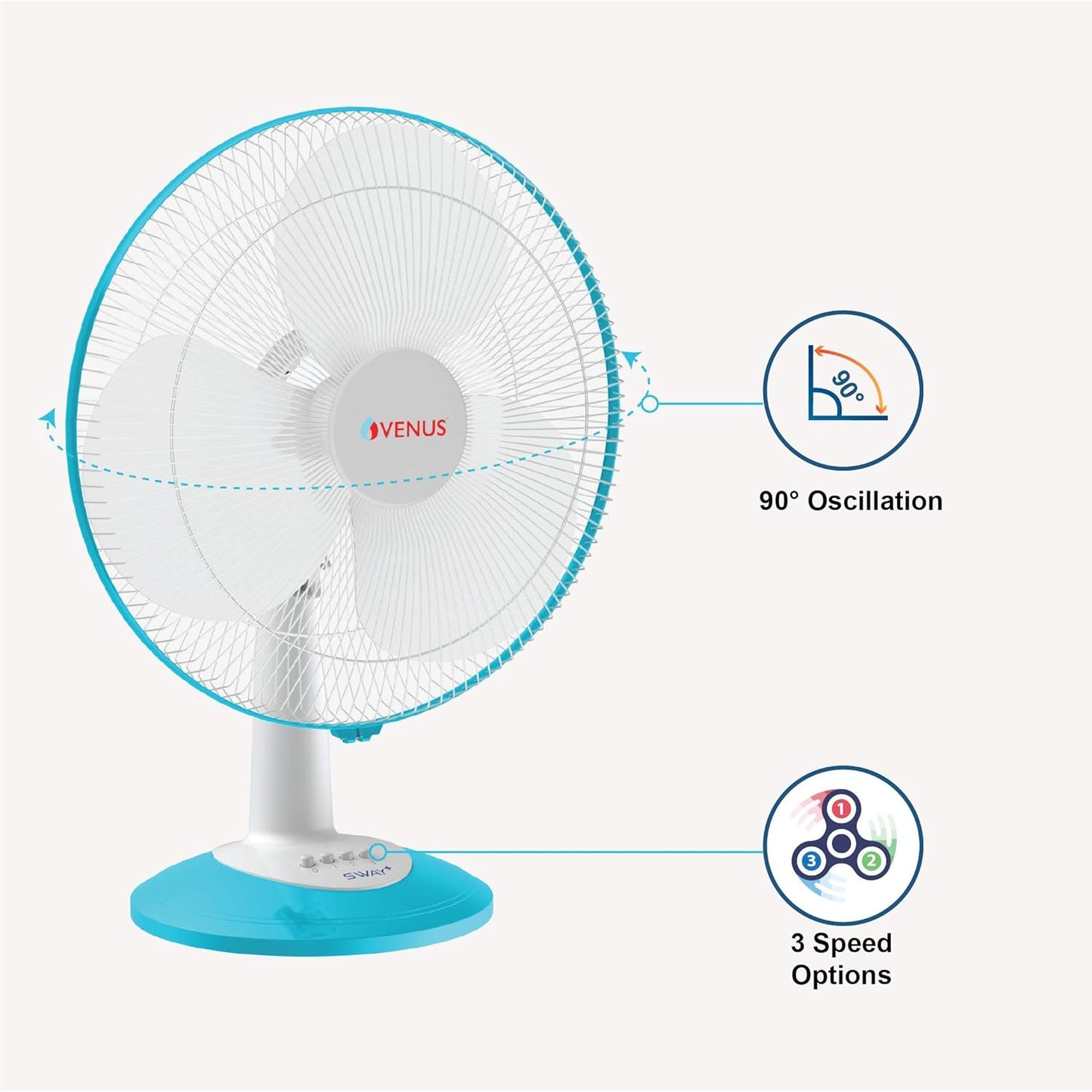 VENUS Sway Plus STF-400 Table Fans | 400mm | 60W |Oscillation with 3 Speed Option | 2 year Gurantee | ISI Certified (Sky Blue)