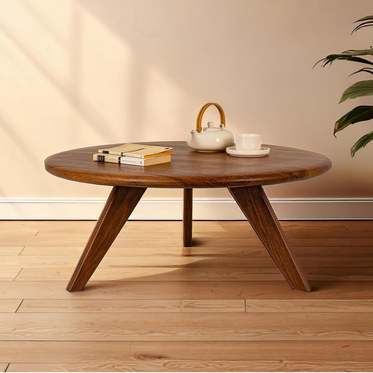 Round Sheesham Wood Coffee Table for Living Room | Solid Wood Center Table with Modern Tapered Legs | Natural W