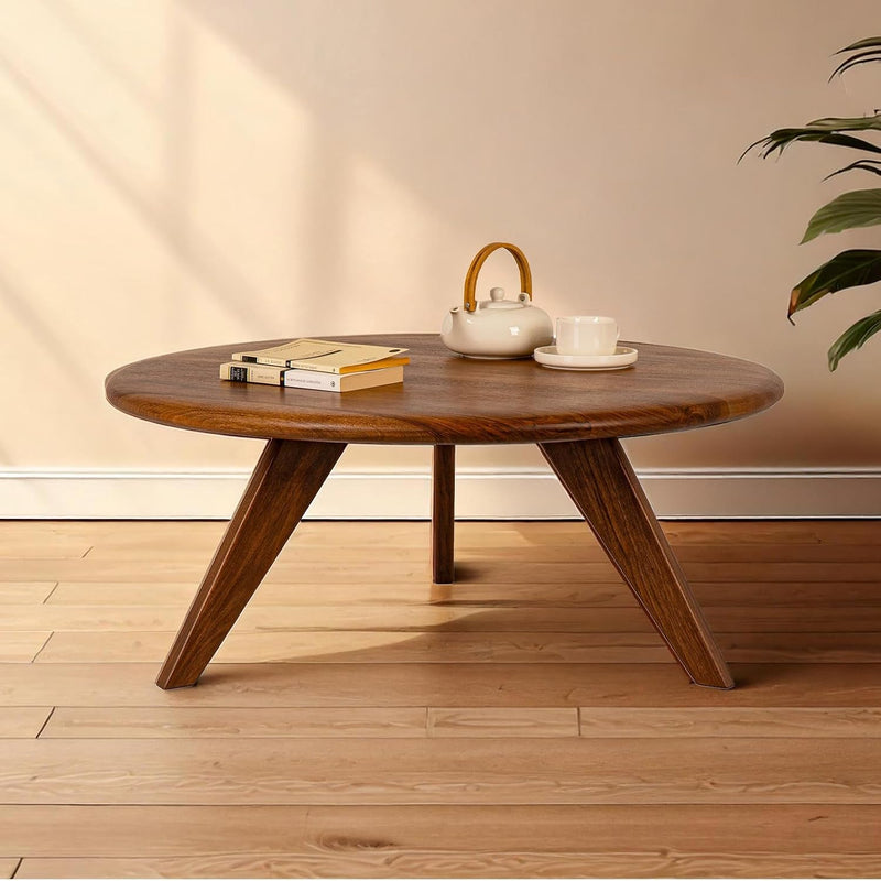 Round Sheesham Wood Coffee Table for Living Room | Solid Wood Center Table with Modern Tapered Legs | Natural W