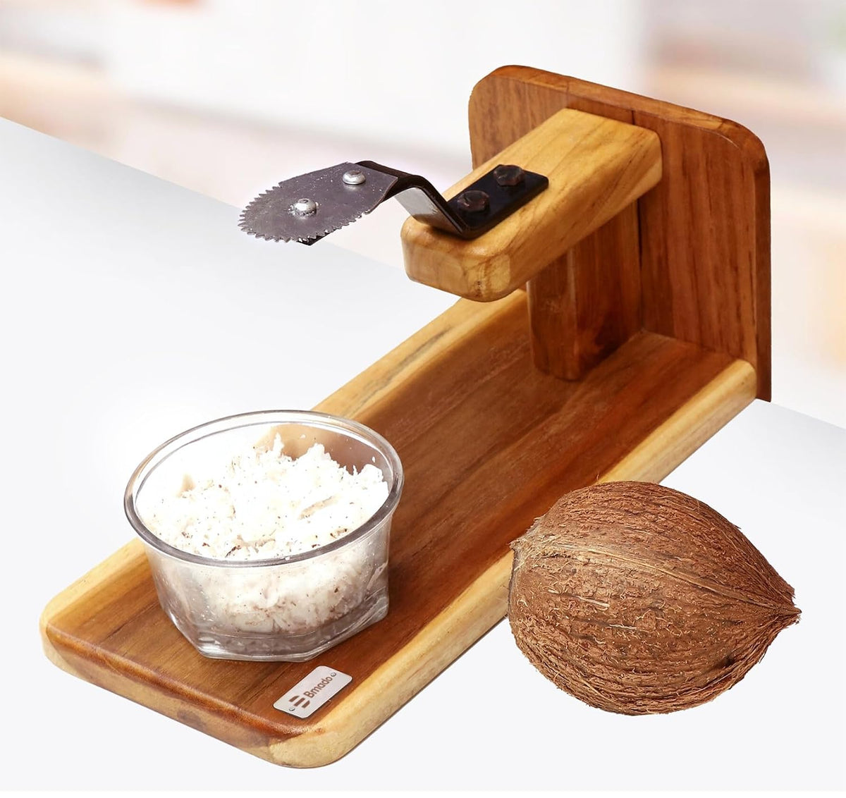 Bmado Traditional Polished Teak Table Top Coconut Scraper Chirava Grater Thengai Thuruvi with Stainless Steel Blade (Large, 1200g)