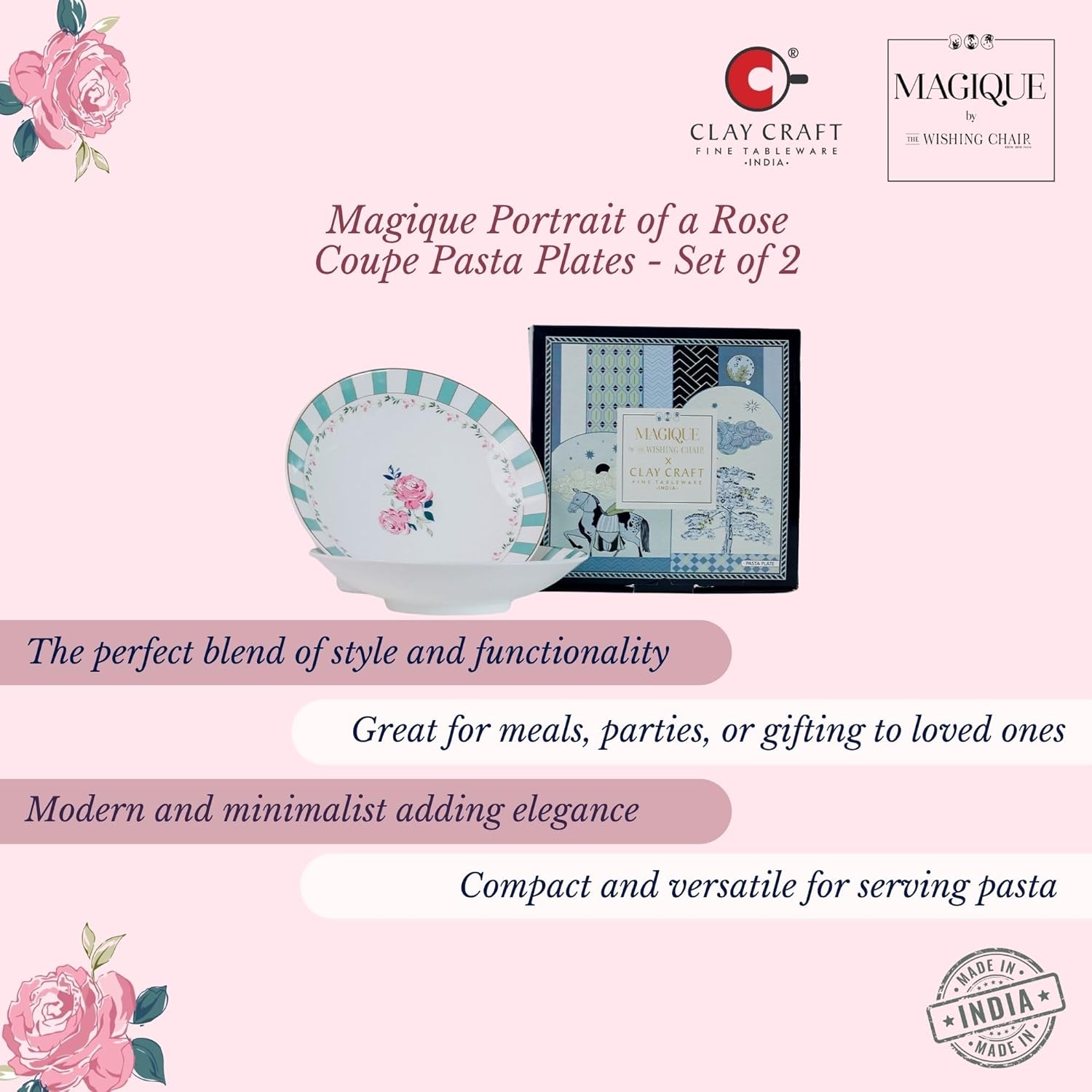 Magique by The Wishing Chair x ClayCraft : Portrait of a Rose Pasta Plates Set of 2 | Ceramic Coupe Plates | Elegant Floral Dinnerware | Ideal Gift for All Occasions | Dishwasher Safe