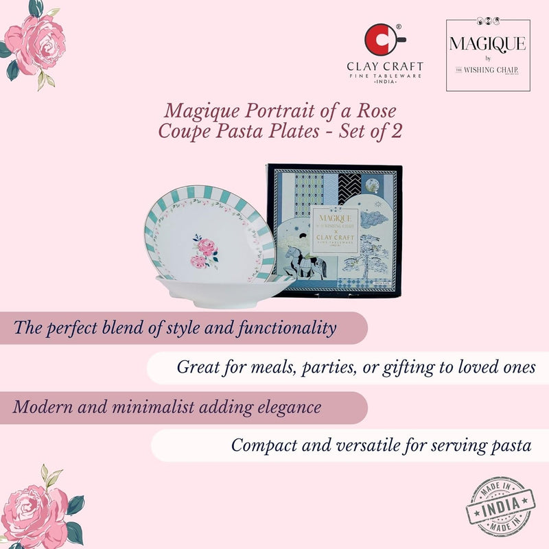 Magique by The Wishing Chair x ClayCraft : Portrait of a Rose Pasta Plates Set of 2 | Ceramic Coupe Plates | Elegant Floral Dinnerware | Ideal Gift for All Occasions | Dishwasher Safe