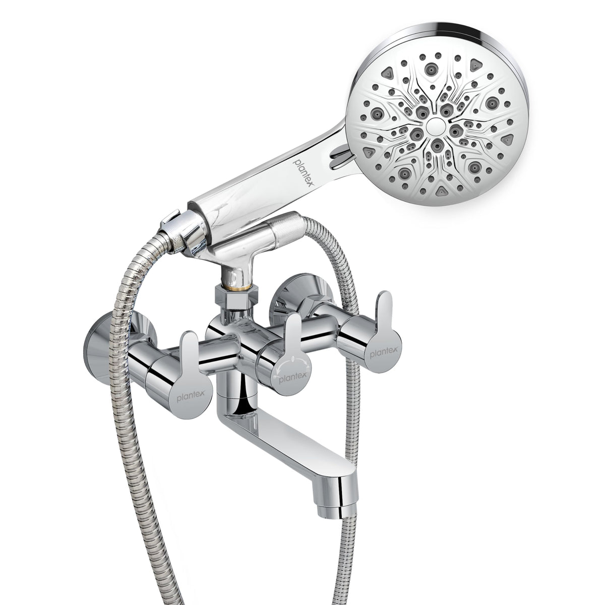 Plantex Telephonic Brass Wall Mixer for Bathroon 2 in 1/Hand Shower 8 Modes/1.5 mtr. Hose Pipe with Self Adhesive Bracket/Bathroom Accessories-1