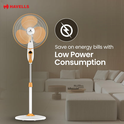 Havells 400mm BLDC Pedestal Fan | Remote Control | Upto 50% Less Power Usage | Sleep & Breeze Mode with Timer | Memory Backup | Jerk Free Oscillation, Smooth Swing Operation | White & Yellow | Sprint