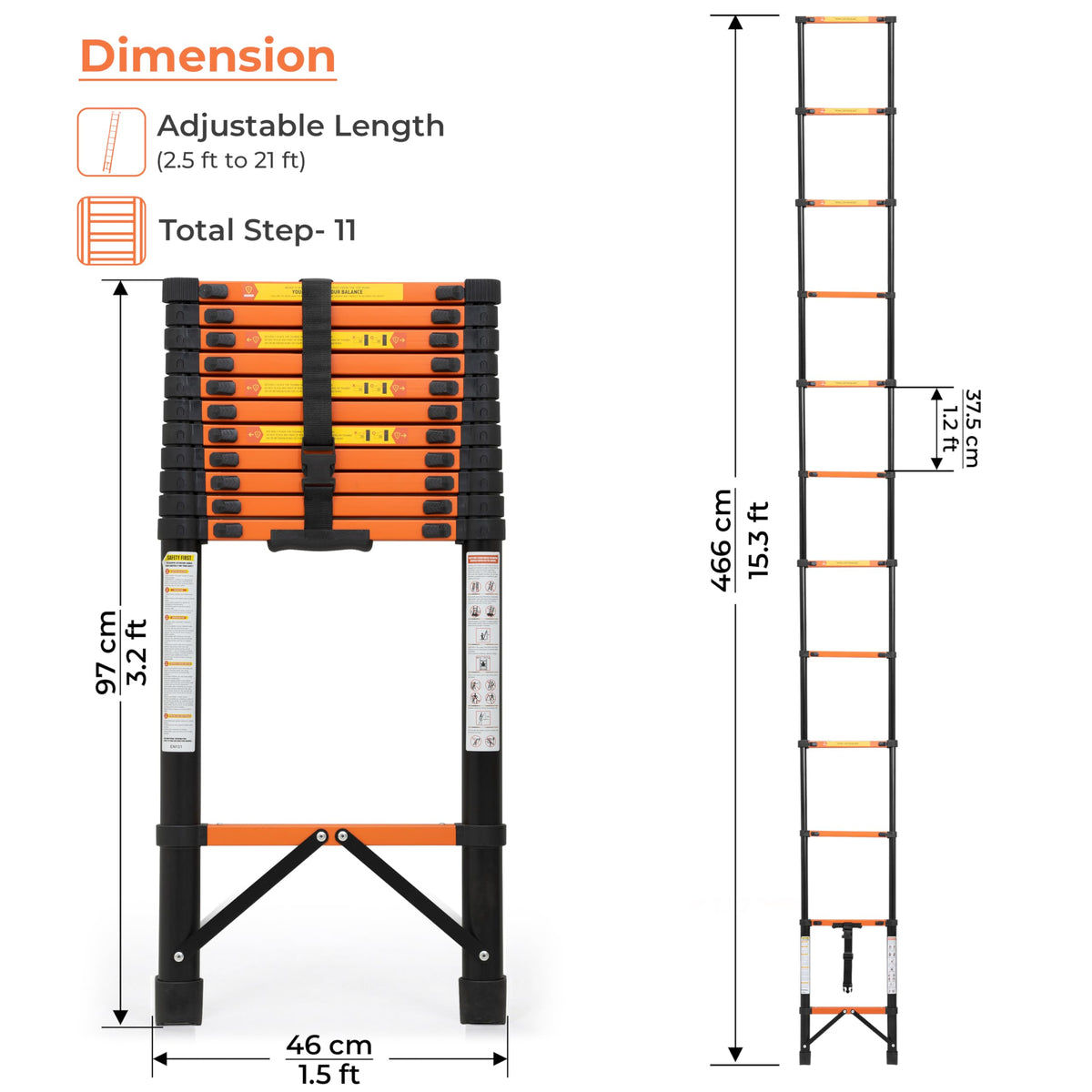 Plantex 3.9m (12.79 ft.) Telescopic Ladder/Carbon Steel 10-Steps Portable & Compact Ladder/Foldable Multipurpose Collapsible Ladder for Home & Outdoor Use - (Orange)-2