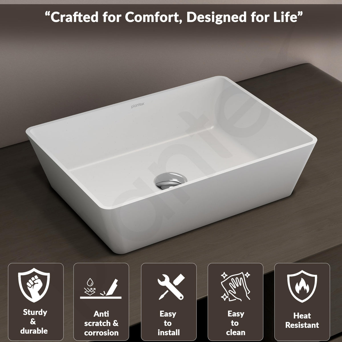 Plantex Table Top Basin for Bathroom/Quartz Rectangle Basin/Vessel Sink Over Counter for Home/Restaurant (White, 18 x 13 x 5 Inch)-4