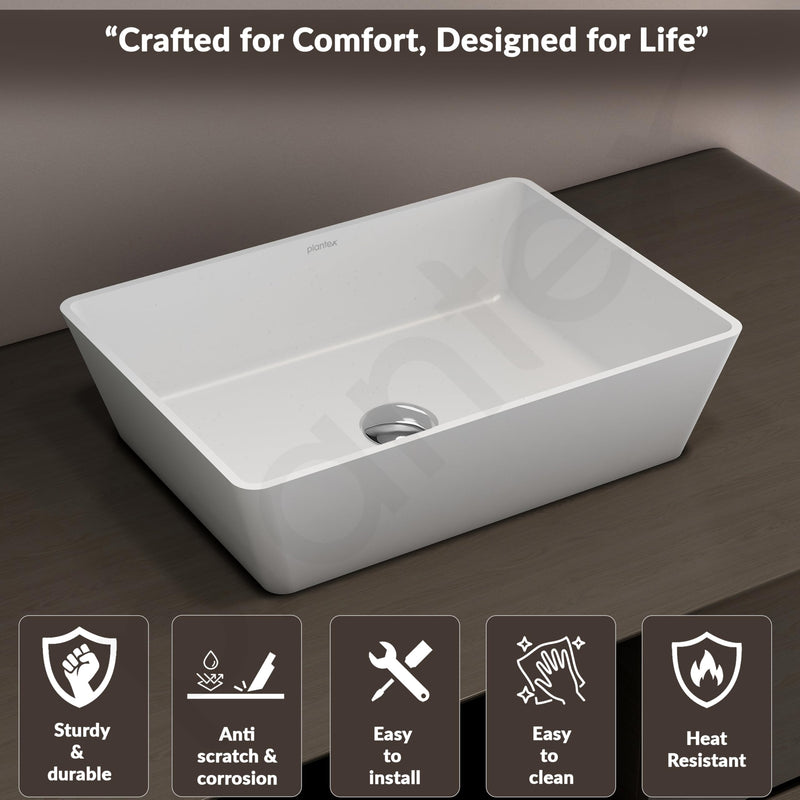 Plantex Table Top Basin for Bathroom/Quartz Rectangle Basin/Vessel Sink Over Counter for Home/Restaurant (White, 18 x 13 x 5 Inch)-4