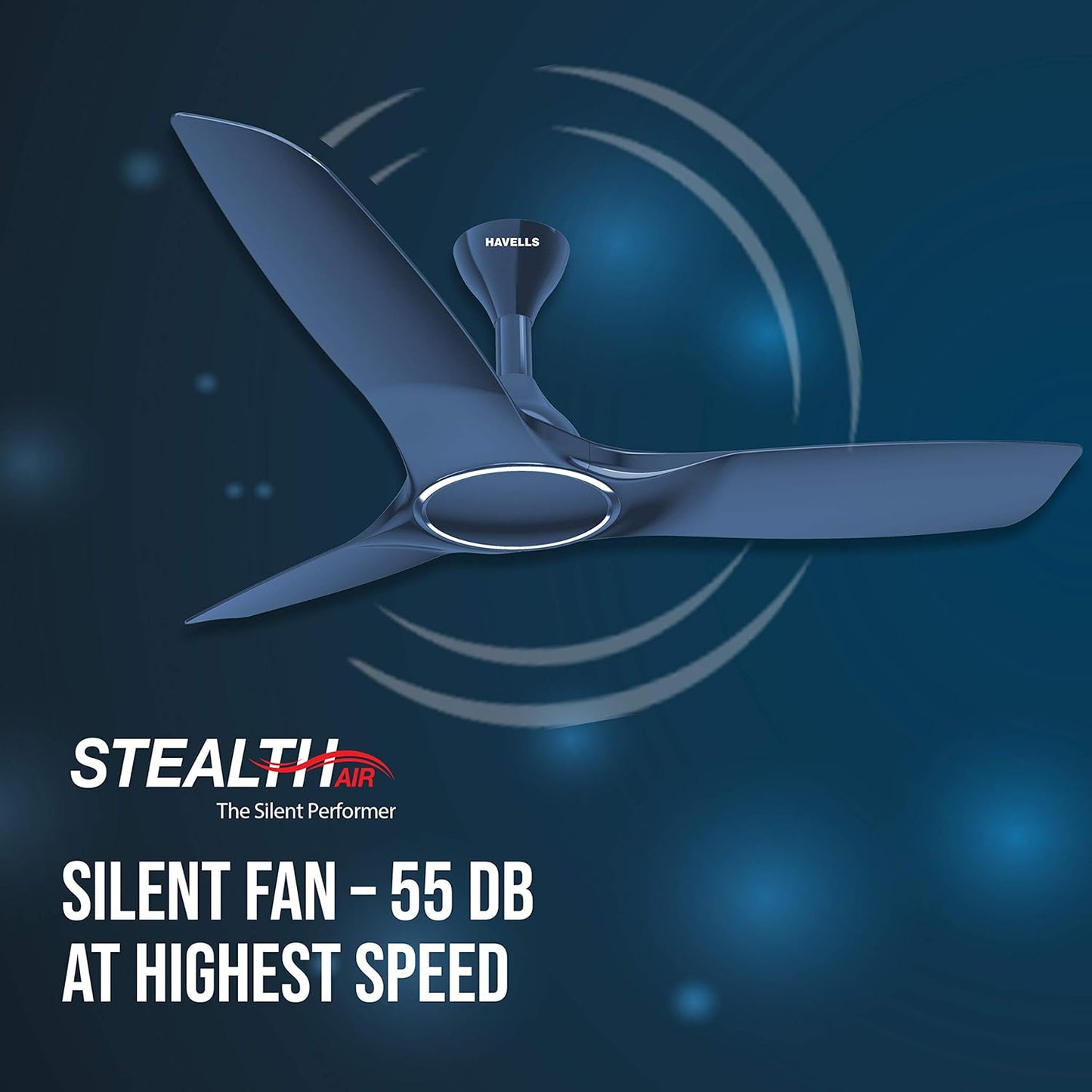 Havells 1250mm Stealth Air Ceiling Fan | Aerodynamic blades for silent operation, Superior Air Delivery | Dust Resistant , the most slient fan with Premium look and finish | (Pack of 1, Indigo Blue)